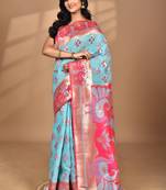 blue linen saree with blouse piece