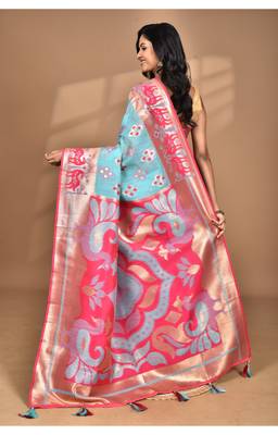 blue linen saree with blouse piece 2