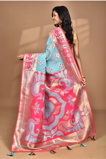 blue linen saree with blouse piece