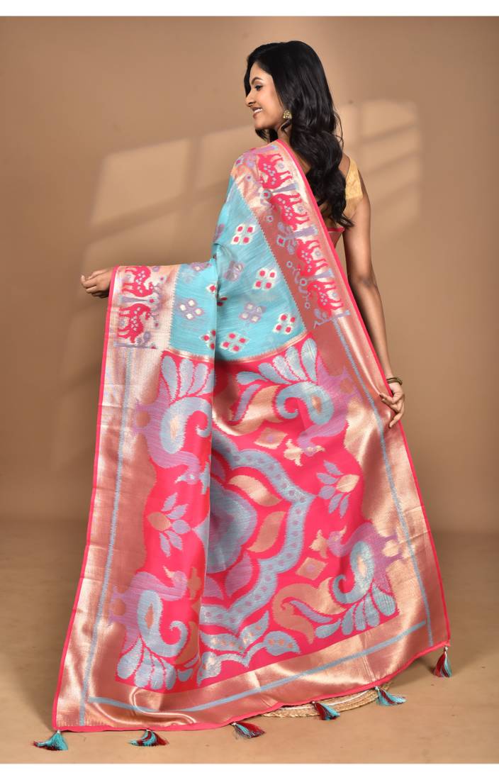 blue linen saree with blouse piece