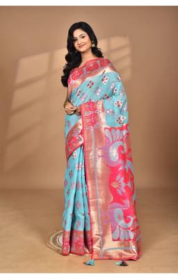 blue linen saree with blouse piece 4