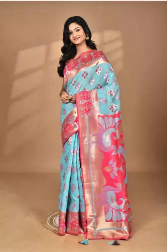 blue linen saree with blouse piece