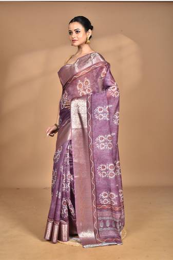 dusky lavender chanderi digital print saree with blouse piece