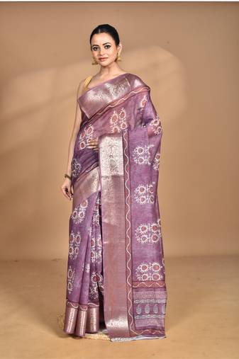 dusky lavender chanderi digital print saree with blouse piece