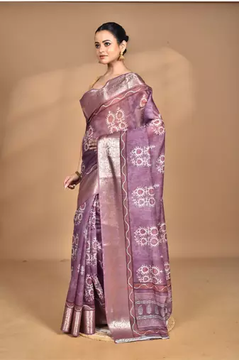 dusky lavender chanderi digital print saree with blouse piece