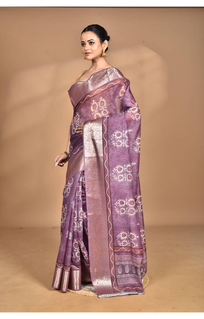 dusky lavender chanderi digital print saree with blouse piece