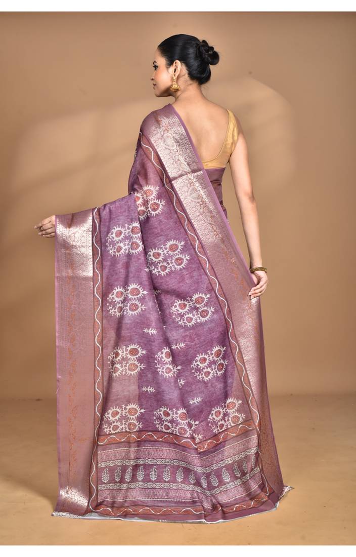dusky lavender chanderi digital print saree with blouse piece