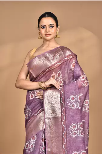 dusky lavender chanderi digital print saree with blouse piece