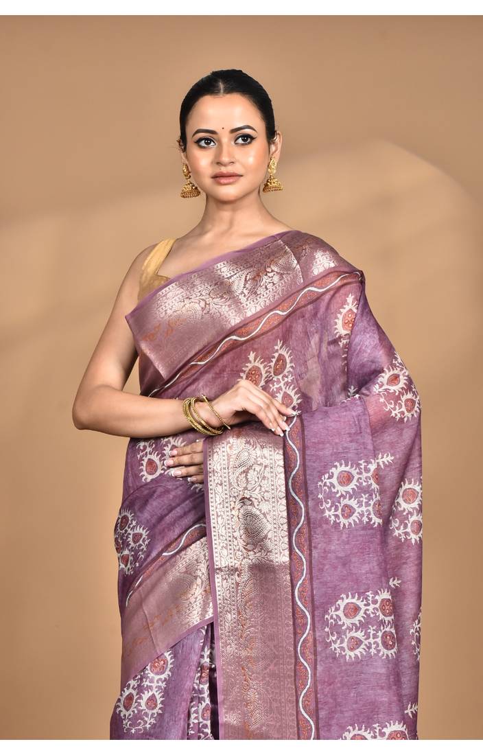 dusky lavender chanderi digital print saree with blouse piece