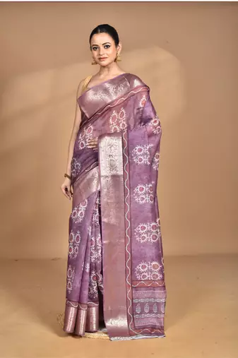 dusky lavender chanderi digital print saree with blouse piece
