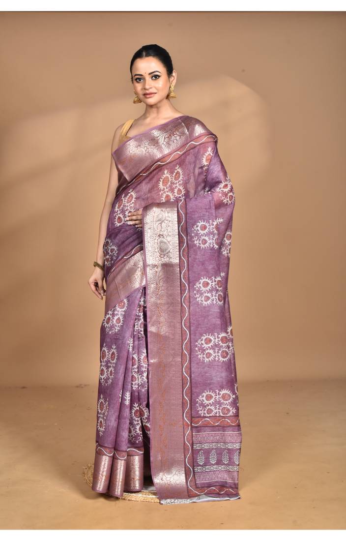 dusky lavender chanderi digital print saree with blouse piece