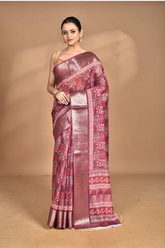 rust chanderi digital print saree with blouse piece