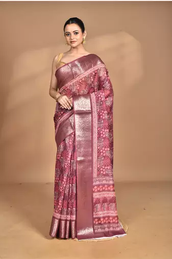 rust chanderi digital print saree with blouse piece