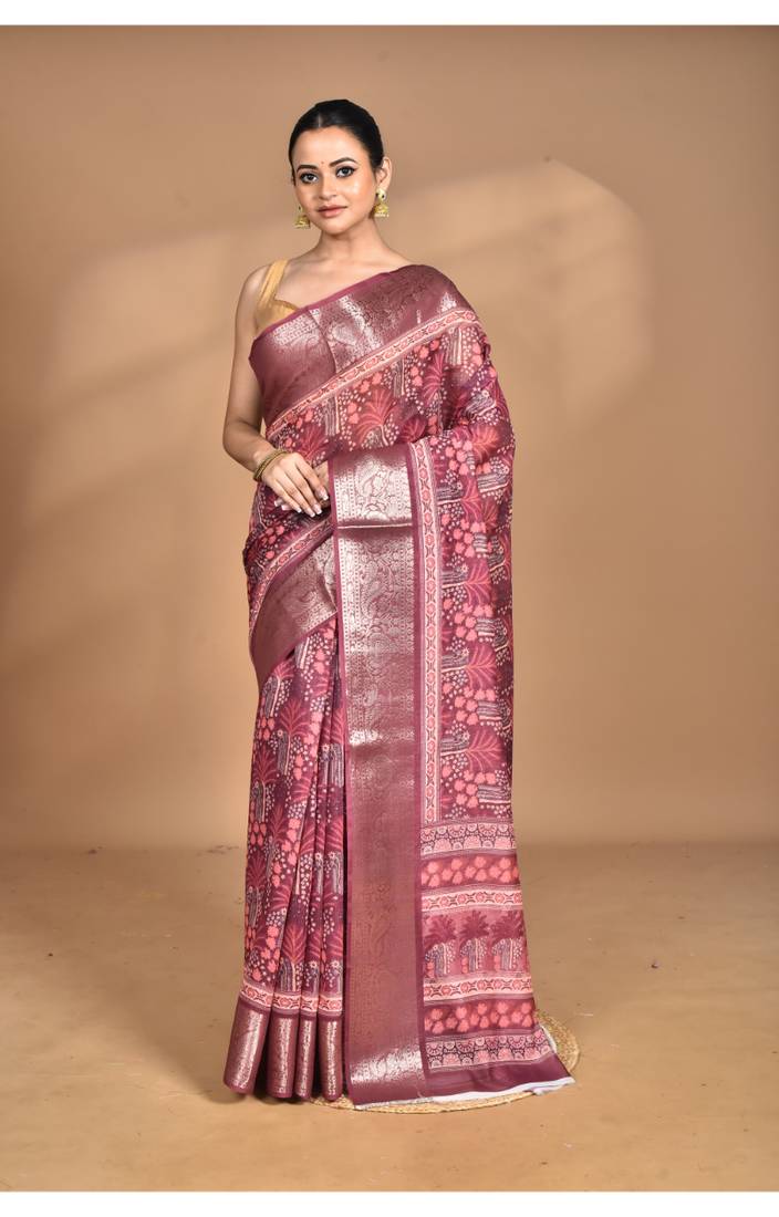 rust chanderi digital print saree with blouse piece