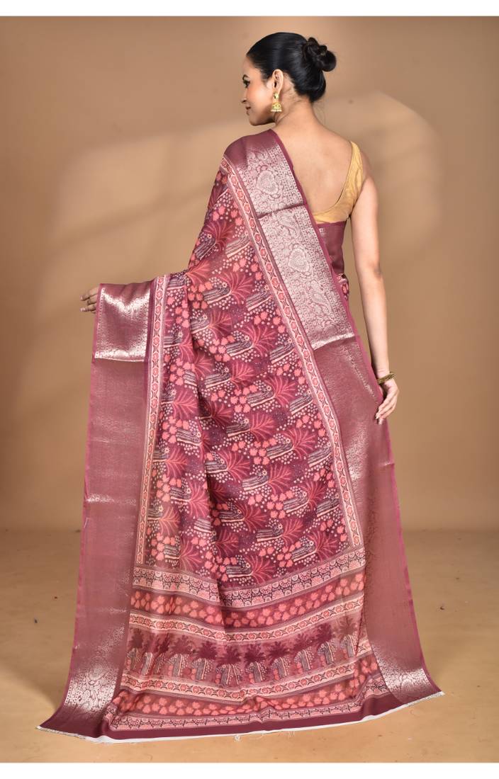 rust chanderi digital print saree with blouse piece