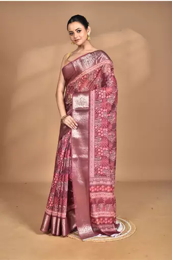 rust chanderi digital print saree with blouse piece