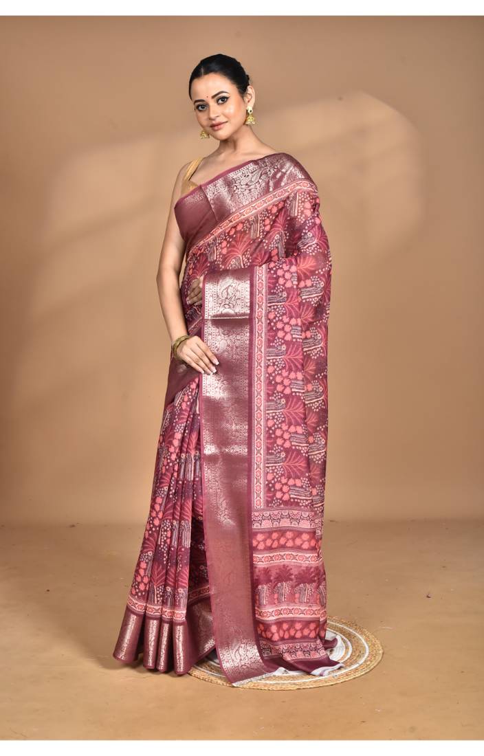 rust chanderi digital print saree with blouse piece