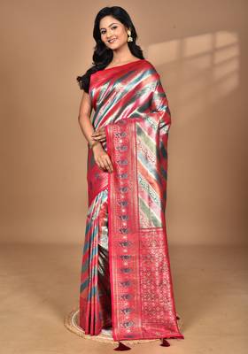purple motifs silk blend dharmavaram saree with blouse piece 3
