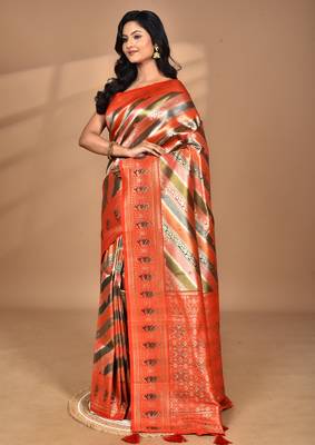 pink ethnic motifs silk blend saree with blouse piece 3
