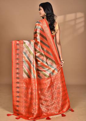 pink ethnic motifs silk blend saree with blouse piece 4