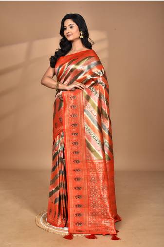 orange motifs silk blend dharmavaram saree with blouse piece