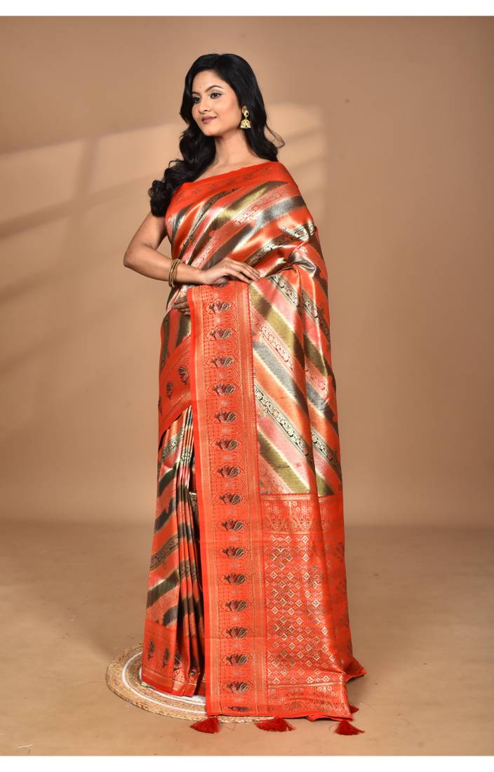 orange motifs silk blend dharmavaram saree with blouse piece