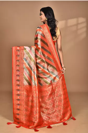orange motifs silk blend dharmavaram saree with blouse piece