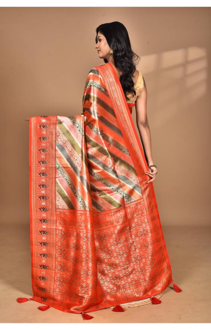 orange motifs silk blend dharmavaram saree with blouse piece