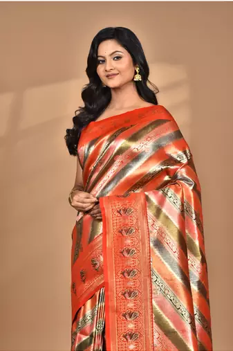 orange motifs silk blend dharmavaram saree with blouse piece