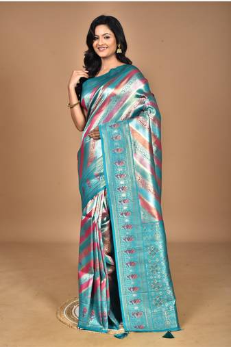 blue silk blend dharmavaram saree with blouse piece