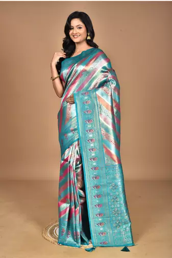 blue silk blend dharmavaram saree with blouse piece