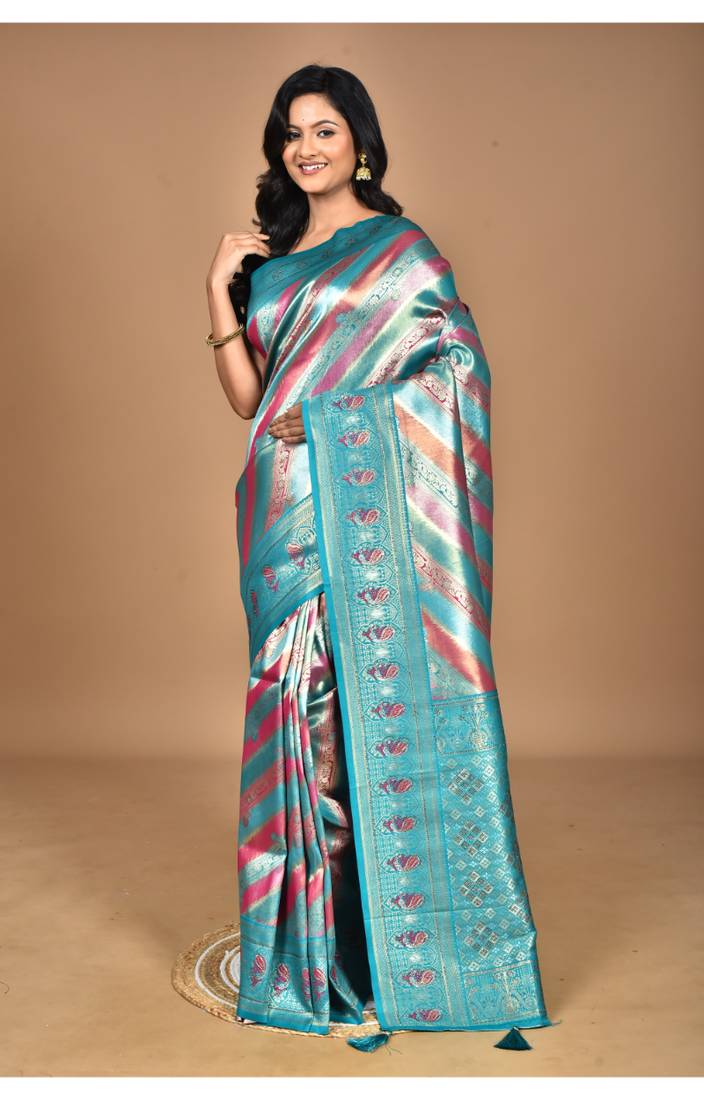 blue silk blend dharmavaram saree with blouse piece