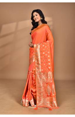 orange kolhapuri  stone work saree with blouse piece 4