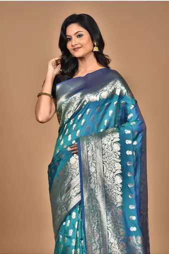 blue kolhapuri  stone work saree with blouse piece
