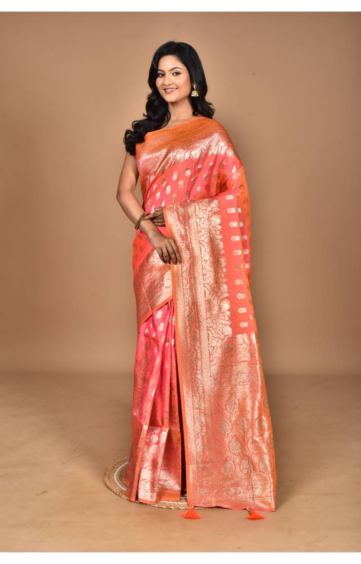 orange kolhapuri  stone work saree with blouse piece