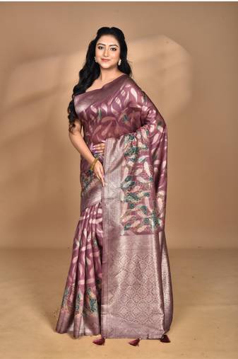 wine linen silk saree with blouse piece