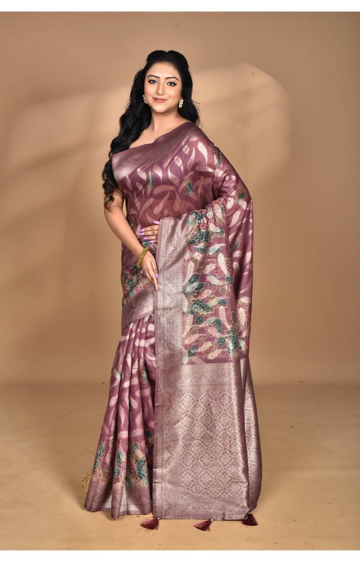 wine linen silk saree with blouse piece
