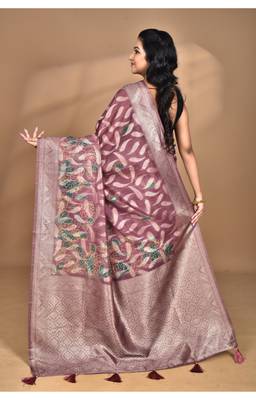 wine linen silk saree with blouse piece 2