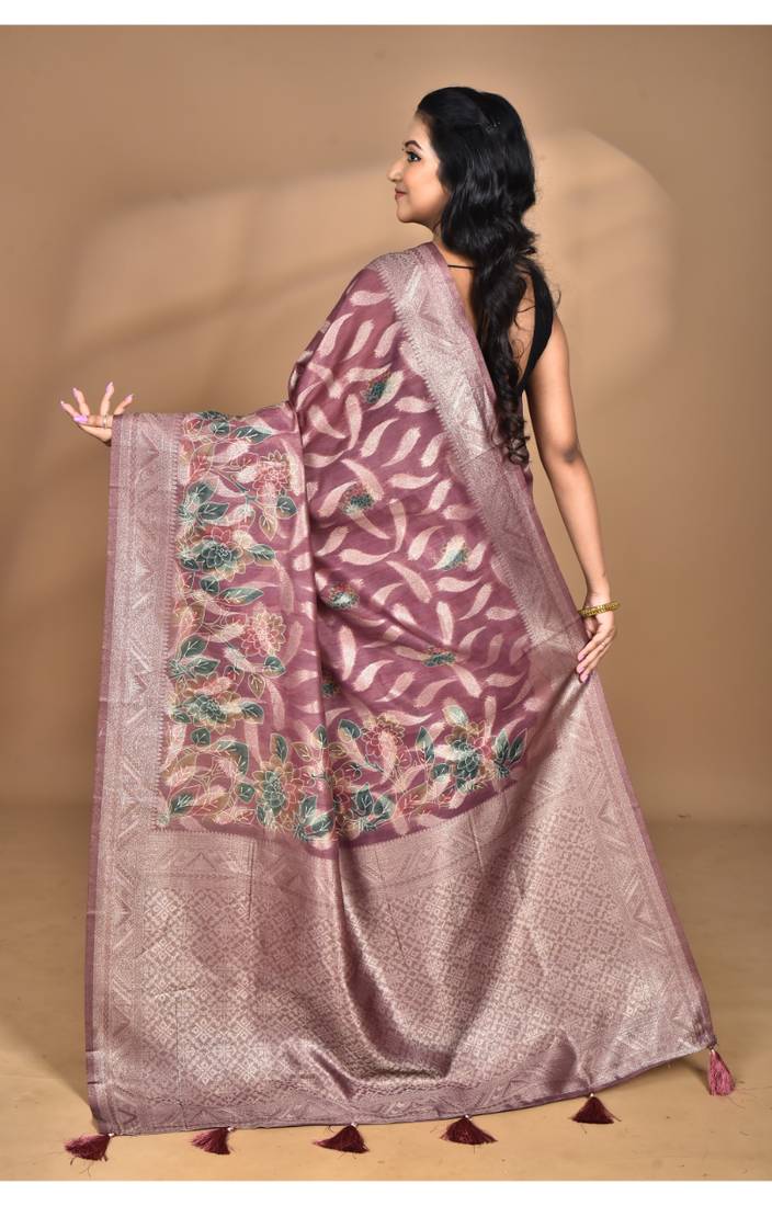 wine linen silk saree with blouse piece