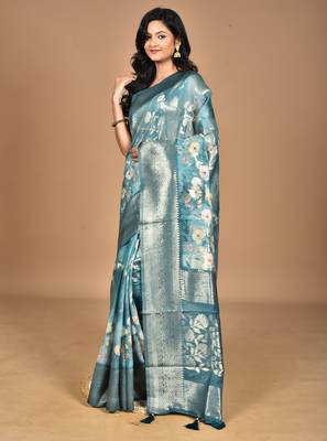 multicolor linen silk saree with blouse piece 2