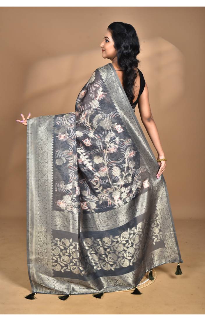 grey linen silk saree with blouse piece