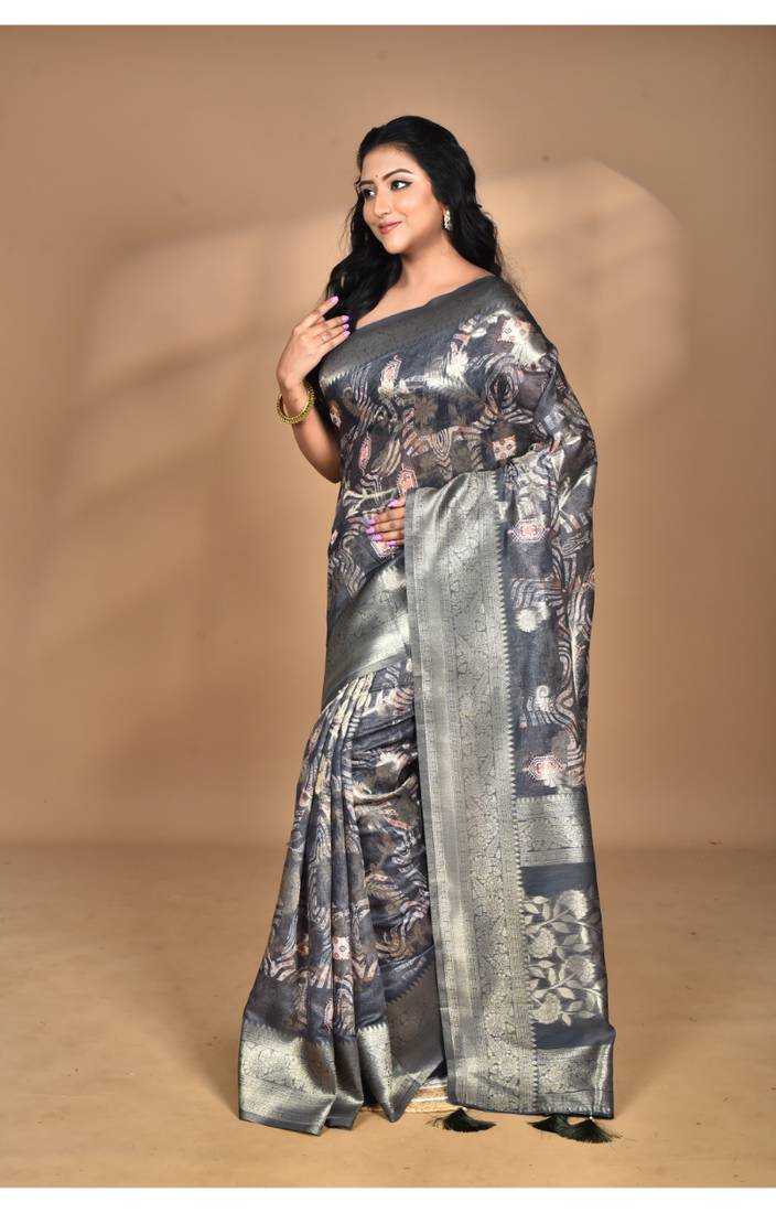 grey linen silk saree with blouse piece