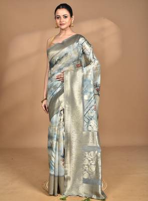 light Blue linen silk saree with blouse piece 1
