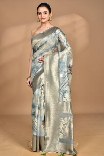 light Blue linen silk saree with blouse piece