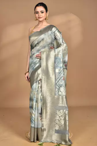light Blue linen silk saree with blouse piece