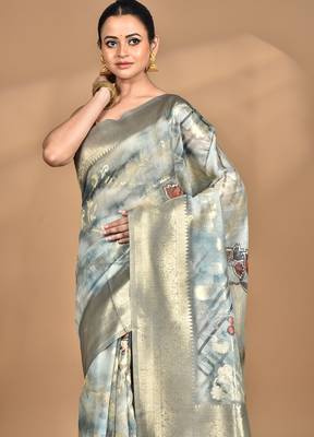 light Blue linen silk saree with blouse piece 2