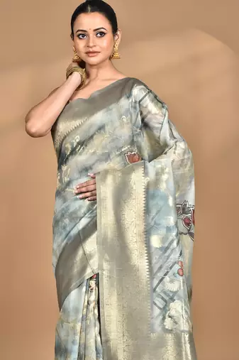 light Blue linen silk saree with blouse piece