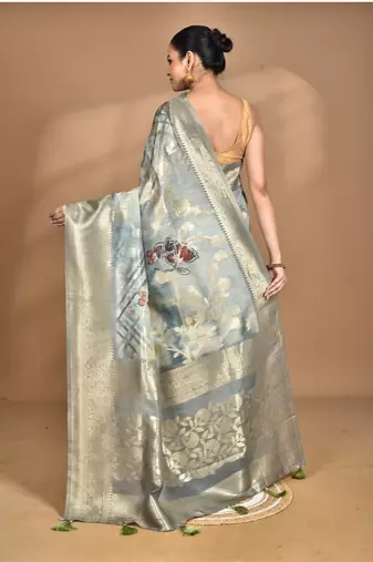 light Blue linen silk saree with blouse piece