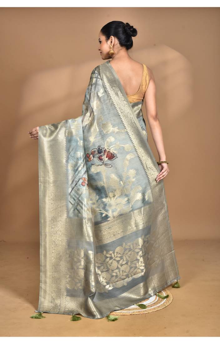 light Blue linen silk saree with blouse piece