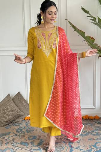 Elegant yellow colored party wear embroidered stitched viscose pant style kurti suit with duppatta